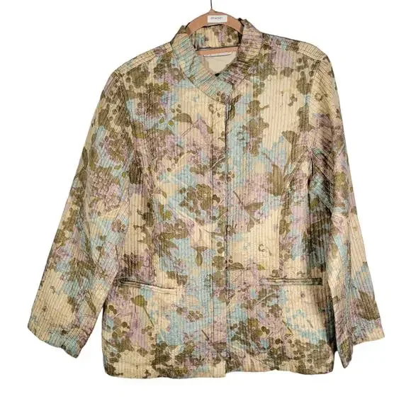 Soft by Avenue Beige Floral Silk Quilted Lightweight Jacket Women Size 14/16 - Picture 1 of 10